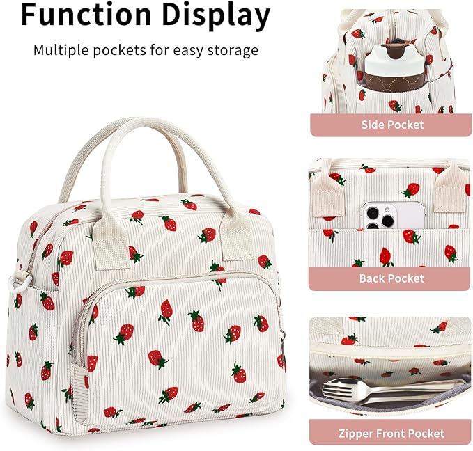 Lunch Bag Women Lunch Box for Women Adult Cute Insulated Lunch Bag Lager Cooler Lunch Tote Bags for Work Picnic (Beige-Strawberry)
