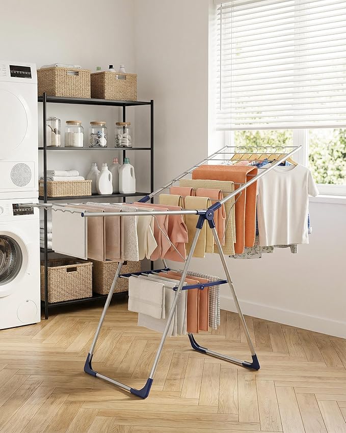 Clothes Drying Rack with Height-Adjustable Wings, Metal Foldable Laundry Dryer Stand for Clothing & Bedding, Free-Standing Collapsible for Indoor & Outdoor Use, 55.5" L × 22.8" W, Silver Blue