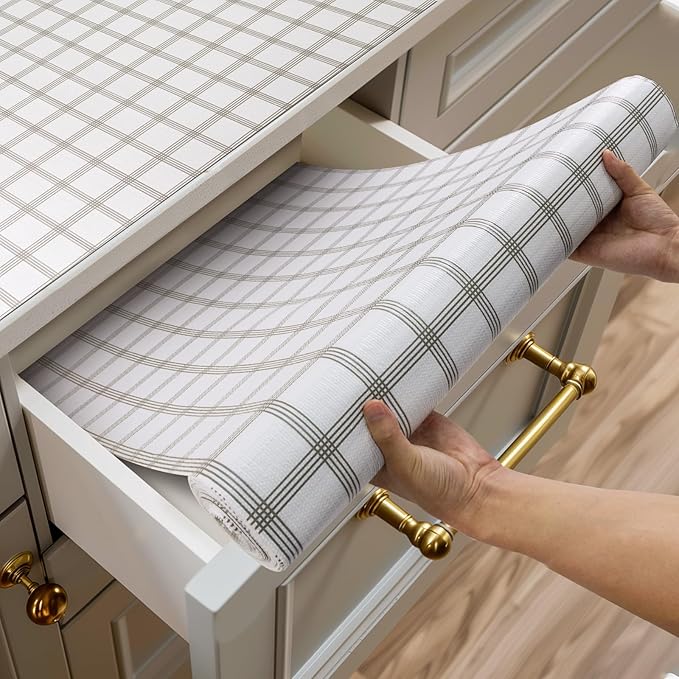 Shelf and Drawer Liner for Kitchen Cabinets Non-Adhesive, Strong Grip Non-Slip Thickened Cabinet Liners for Shelves, Waterproof Mats for Dresser Cupboard, White Square, 17 in x 20 Feet