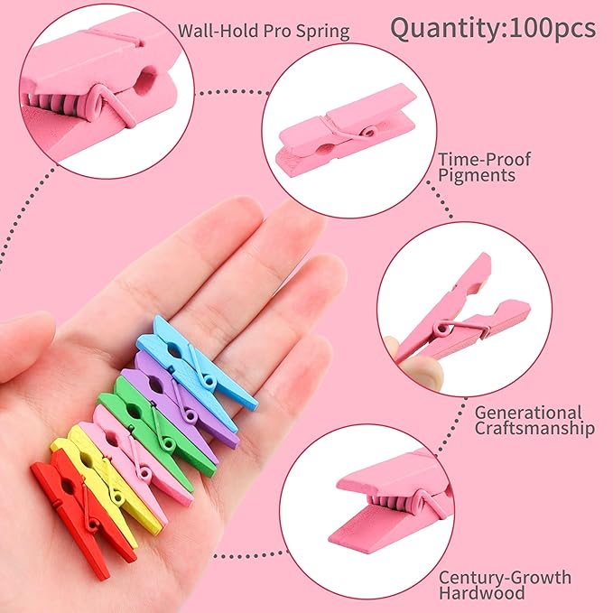 Mini Clothespins for Photos,100pcs Clothes Pins Wooden,Colorful Clothespins with Jute Twine, Small Clothes Pins Tiny Clothespins for Photos, Crafts, Pictures