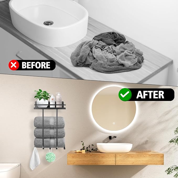 Towel Racks for Bathroom, Towel Rack Wall Mounted with Metal Shelf and 5 Hooks for Small Bathroom, Towel Holder for Bathroom, Bath Towel Storage for Rolled Towels Organizer, Black