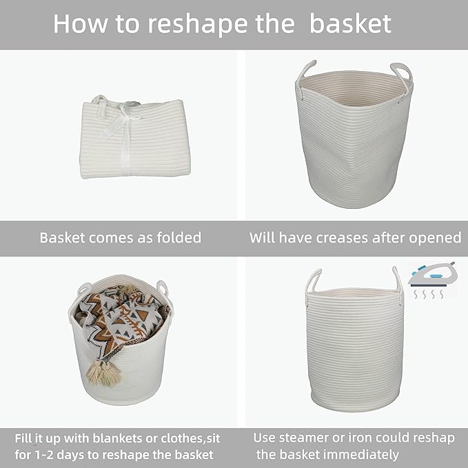 Woven Cotton Rope Laundry basket-15”X20” Laundry Hamper-Rope Storage Basket for Dirty Clothes, Toys and Blankets Perfect for Bathroom, Baby nursery and Living Room Storage (white)