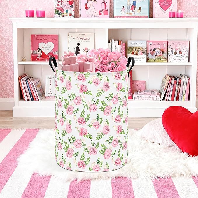 QUEENLALA Large Storage Basket,Laundry Hamper/Bathroom/Home Decor/Collapsible Round Storage Bin,Boys and Girls Hamper/Boxes/Clothing(Round-Pink roses)