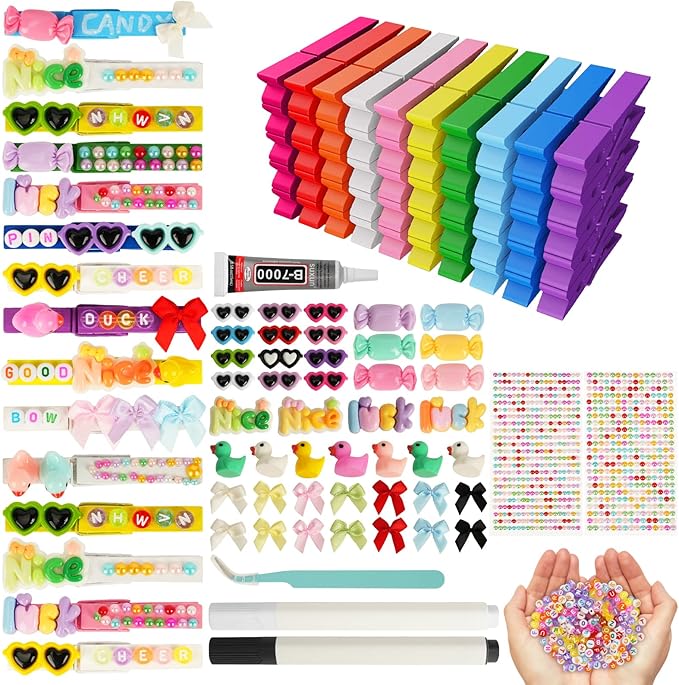 50-Pack Cheer Pins Kits-50pcs 2.9 Inch Wooden Clothespins 10 Colors, 58 Resin Charms, 2 Gem Stickers, 200 Letter Beads for Team Spirit, Classroom Crafts & Cheerleading Accessories with Glue & Tools