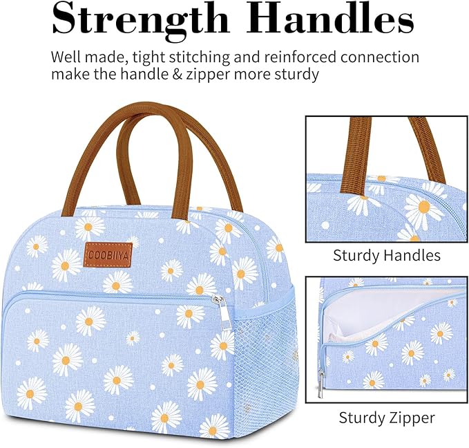 Coobiiya Lunch Bag Lunch Box for Women Men, Reusable Cute Lunchbag - Leakproof, Adult Insulated Lunch Box Tote with Large Capacity, Cooler Container for Work, Travel, Office (Blue Daisy)