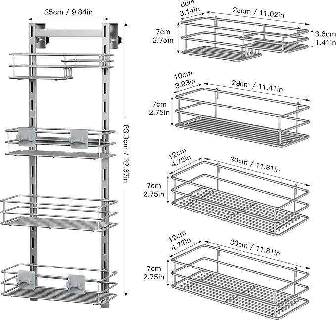 Orimade Shower Caddy Adjustable Height 4 Tier Silver,Bathroom Hanging Over the Door Organizer Shelf Rustproof with 4 Hooks,Shower Basket with Soap Holder and Suction Cup