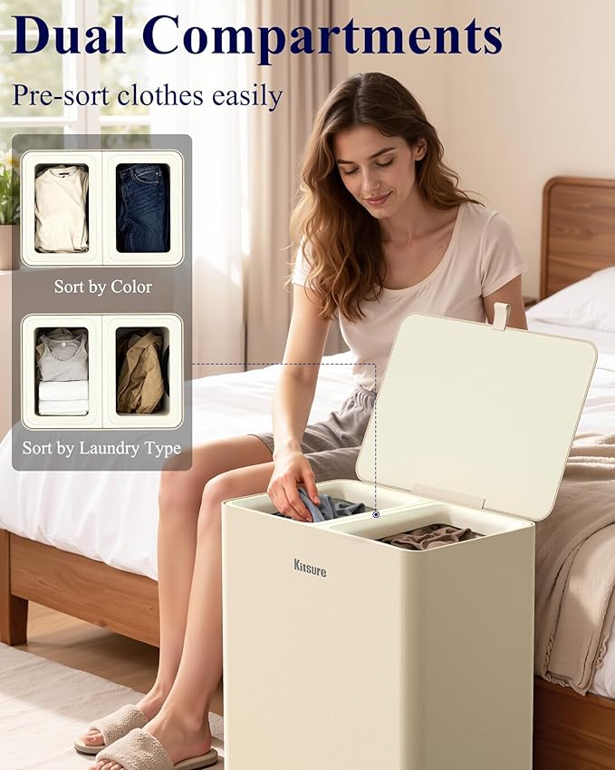 Kitsure Laundry Basket 115L – Large Laundry Hamper with Lid, 2-Compartment Divided Clothes Sorter with Removable Hamper Bags, Beige Organizer for Laundry Room, Bathroom & Bedroom, 22.2" x 16" x 30.7"