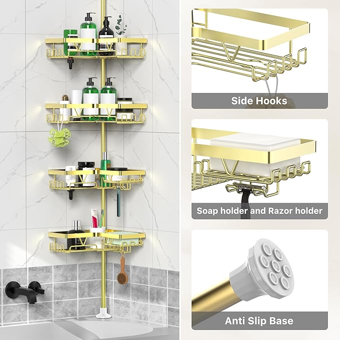 Shower Caddy Tension Pole with 2 Soap Holders, Adjustable Corner Shower Caddy, Gold Finish, Expandable 25-114.2 Inches for Bathtub Corner, Bathroom Storage Organizer