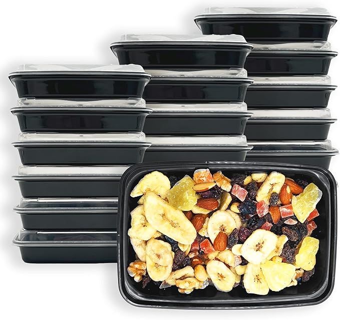 MULMEHË Plastic Food Storage Take-Out Container and Lid Combo, 38 oz, Microwaveable, Rectangular, Black, 8.5x6x2, Set of 150