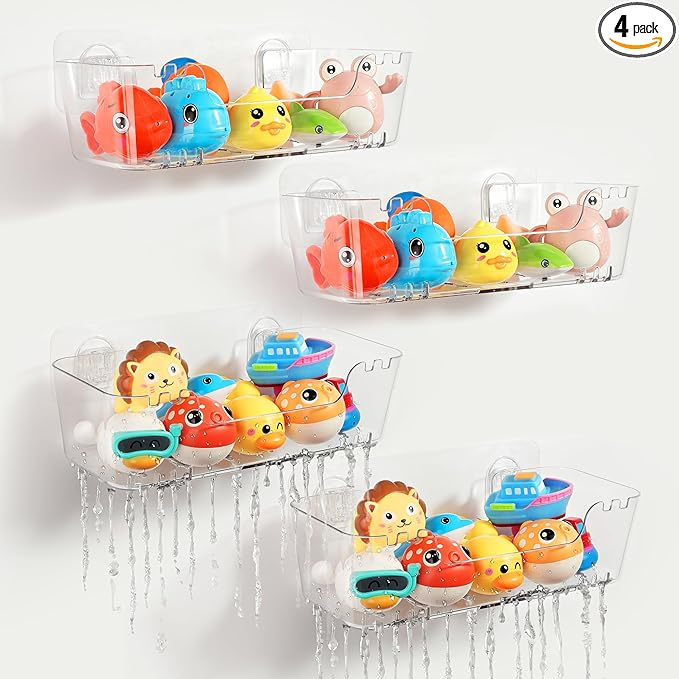 Bath Toy Storage Organizer 4 Pack, Transparent Bath Toy Holder with Drain Holes, Durable Plastic Bathtub Toy Storage for Bathroom, Quick-Dry Drainable Shower Caddy, Easy to Clean (Plastic 4 Pack)