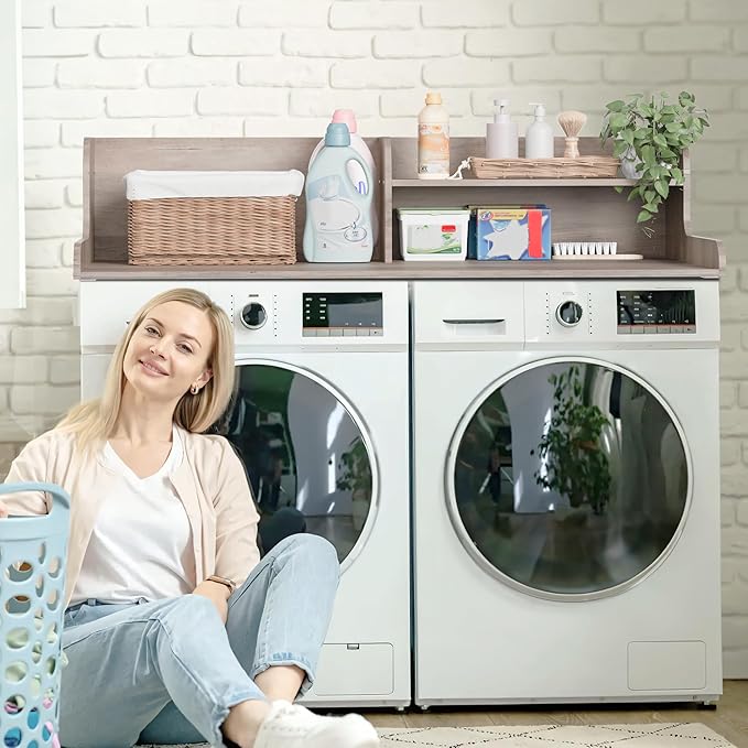 DTK Washer Dryer Wood Countertop with Shelf, Laundry Topper with Non-Slip Mat,27.55" Depth x 54" Width Dryer Covers for The Top with Edge Rails (Rural)