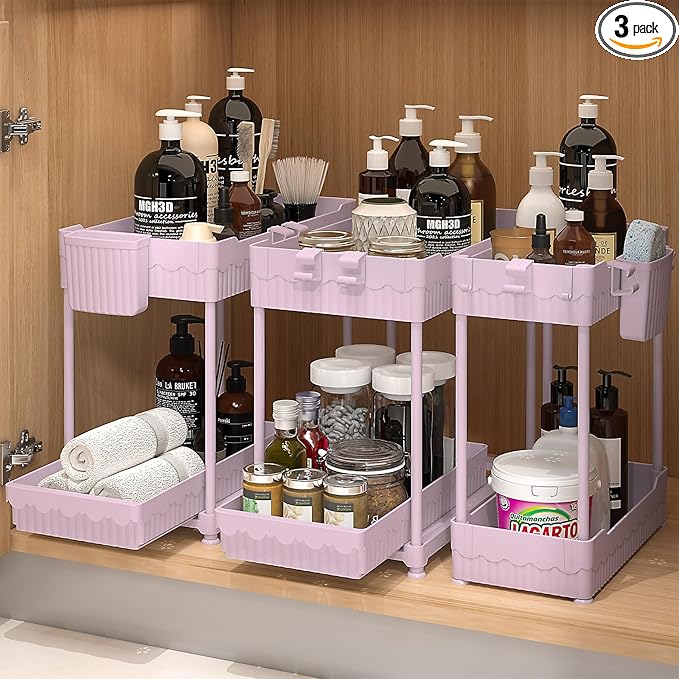 3 Pack Under Sink Organizers, 2-Tier Multi-Use Kitchen and Bathroom Organizers and Storage with Sliding Drawers，Bathroom Cabinet Organizer (Pink, 12.8 Inch)