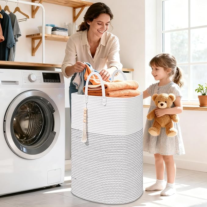 Woven Laundry Basket for Clothes, 65L Large Rectangle Laundry Hampers, Nursery Storage Basket for Toys, Tall Dirty Clothes Hamper for Bedroom Aesthetic, Bathroom, Laundry Room
