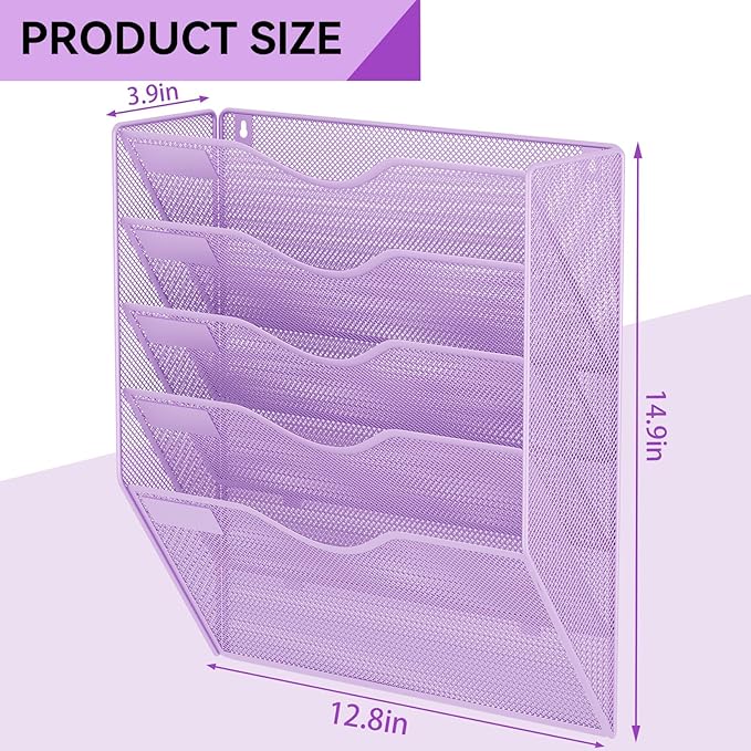5 Pockets Hanging Wall File Organizer Mail Holder, Wall Mounted Paper Document Folder Holder, Clipboard Storage Organization Magazine Rack, Light Purple