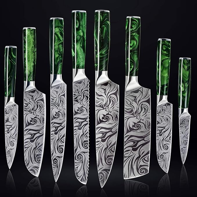 SENKEN Engraved Japanese Kitchen Knife Set with Beautiful Green Resin Wood Handles - Wasabi Collection - Chef's Knife, Bread, Cleaver, Paring, & More (16-Piece Knife Block Set)
