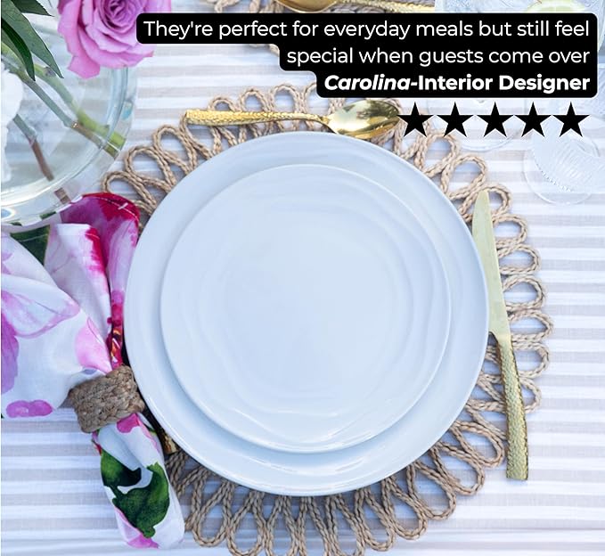 Pots & Patterns Organic Wave Dinnerware Set, 12-Piece Nature-Inspired Porcelain Dinner Plates & Bowls Set for 4, Wide Rimmed Pasta Bowls, Modern White Dishes for Hosting, Dishwasher & Microwave Safe