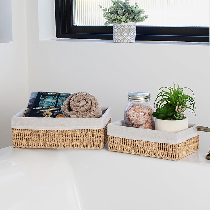 Beautiful Toilet Paper Storage Basket Set of 2 – Decorative Wicker Bathroom Organizer for Toilet Tank Trays - Quality Holder Bin for Shelves Fits Perfectly with Any Bathroom Decor