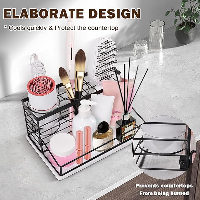 Hair Tool Organizer, Movable Hair Dryer Holder, Hair Styling Tools Storage for Vanity, Bath Counter Organizer, Bathroom Trays for Hair Toiletry, Makeup (12" x 7.7" x 5.8", Marble-Black)