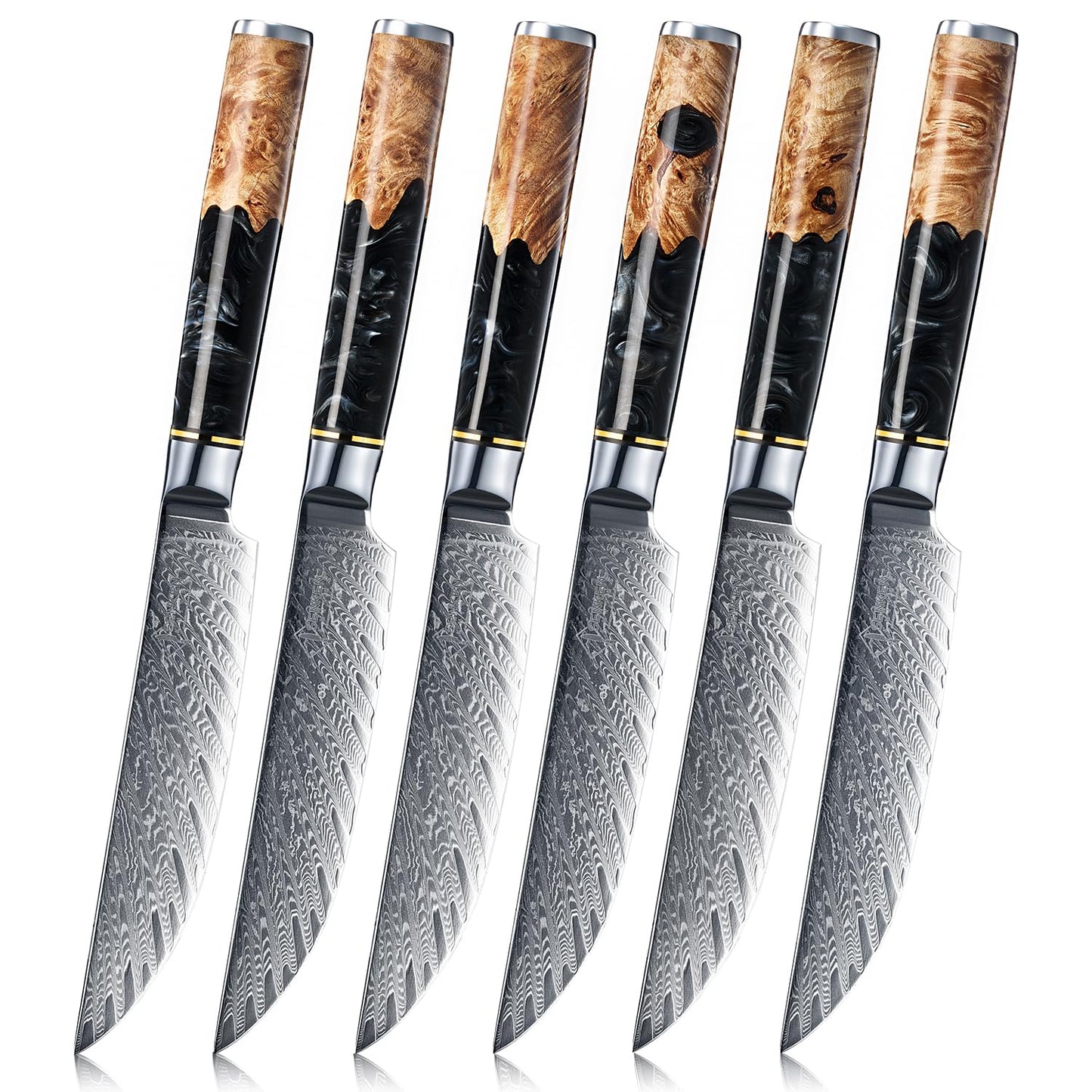 SENKEN Damascus Steak Knife Set - Black Tsunami Collection - 67-Layer Japanese VG10 Steel - Razor Sharp Non-Serrated Blades, Black Resin & Burl Wood Handles, Luxury Gift Box