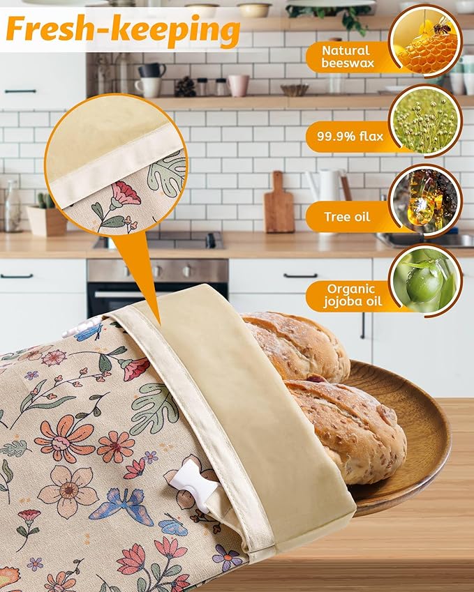 2 Pack Beeswax Bread Bags for Sourdough,Reusable Organic Linen Beeswax Bread Bag for Homemade Sourdough 17 x 12.6 Inches Food Storage Cloth Bag – Freezer-Friendly & Freshness Preservation