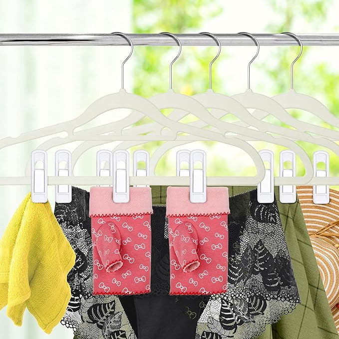 Tinfol White Velvet Hanger Clips 50Pack, Strong Flocked Finger Clips, Large Opening Pants Clip, Clothes Pin for Thin Suit Skirt Pant Clothes Hangers