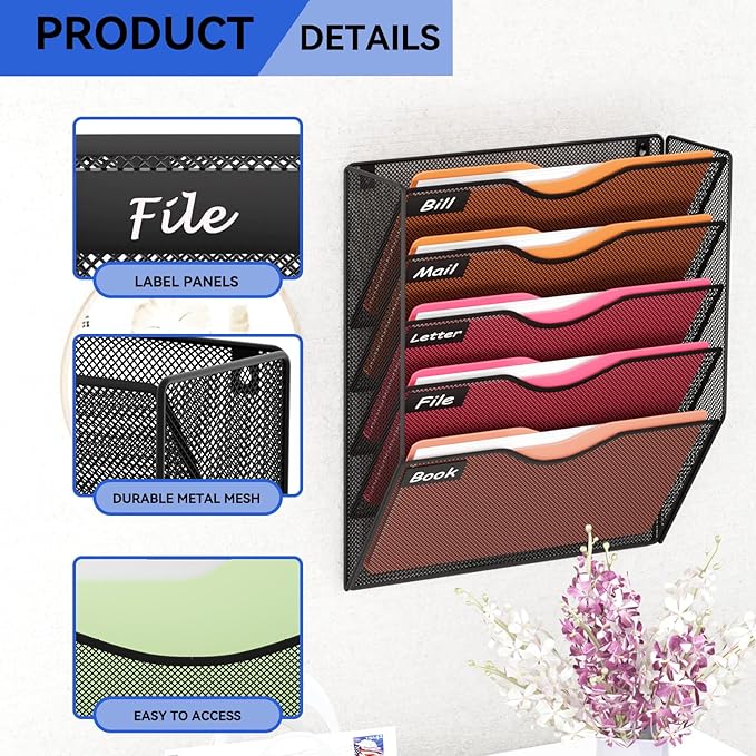 5 Pockets Mesh Hanging Wall File Holder Organizer Wall Mounted Paper Magazine Rack, Black