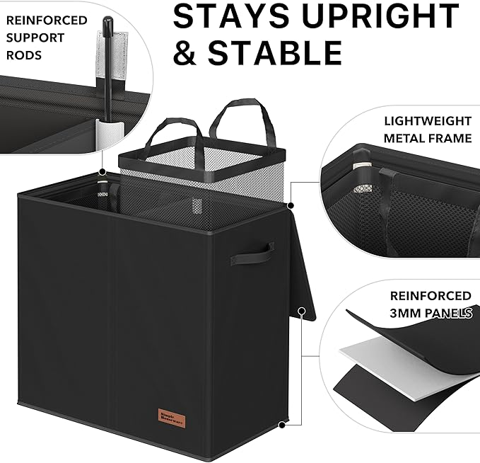 Simple Houseware Double Laundry Hamper with Lid and Removable Bags, Black
