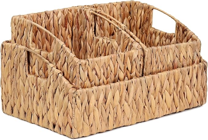 Ollieroo Rattan Storage Baskets, Handwoven Wicker Storage Bins with Built-in Handles, Storage Container Baskets for Shelves, Bedroom, Bathroom, Laundry Room or Kitchen(Natural)