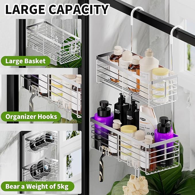 SHANSHUI Shower Hanging Caddy, Double Bathroom Showers Organizer Basket, Shampoo Bracket, Over Door Shower Rack with Hooks, 304 Stainless Steel Rustproof