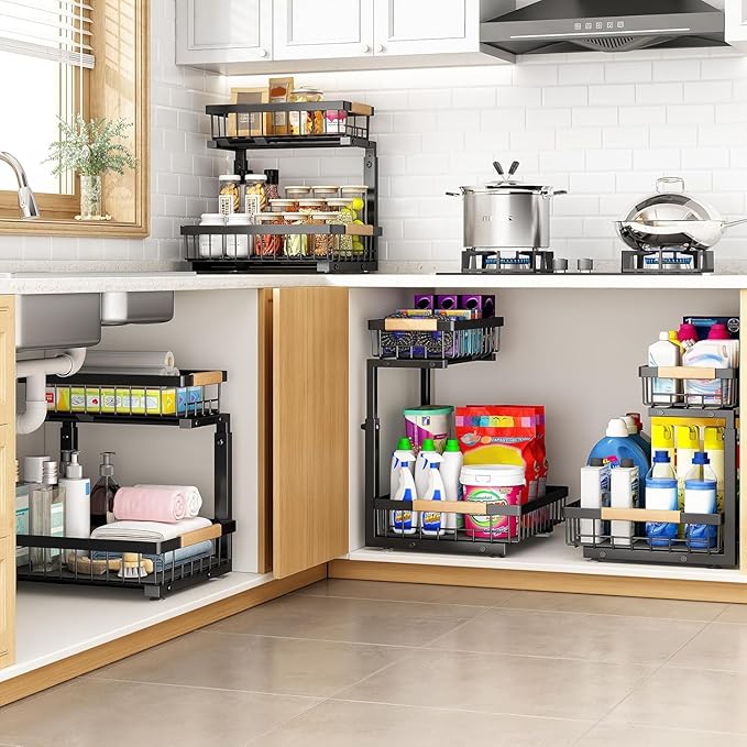PXRACK Under Sink Organizer, Adjustable Height, 2-Pack 2 Tier Pull Out Under Cabinet Organizer, Slide Out Thickened Metal Under Sink Storage for Kitchen Bathroom Laundry Pantry Cabinet, L, Black