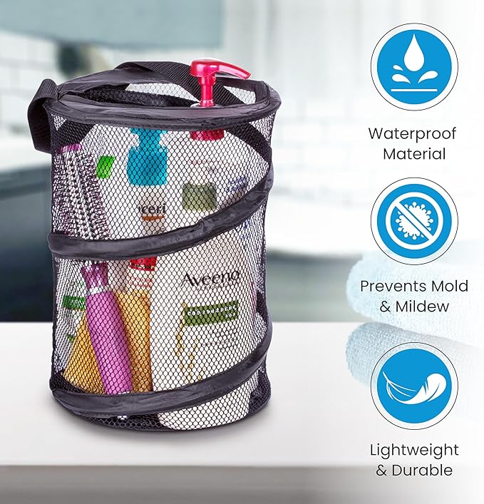 Handy Laundry Foldable Shower Caddy - Collapsible, Portable, Drainage Hole, Carry Handle, Large Compartments, Great Organizer for Camp, Travel, Gym, and Dorm (Black)