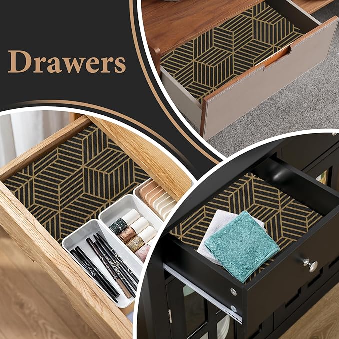 Shelf Liners for Kitchen Cabinets 17in x 30FT, Non Adhesive Cabinet Liner Strong Non-Slip Black Gold Geometric Drawer Liner, Easy to Clean for Shelf, Cabinet with Knife and Tape Measure