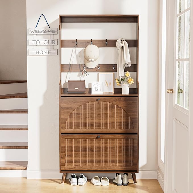 Shoe Cabinet for Entryway with 2 Flip Drawers & Coat Rack, Narrow Hidden Shoe Storage Cabinet with Fluted Panel, 2-in-1 Hall Tree Slim Freestanding Shoe Rack Organizer for Hallway, Walnut