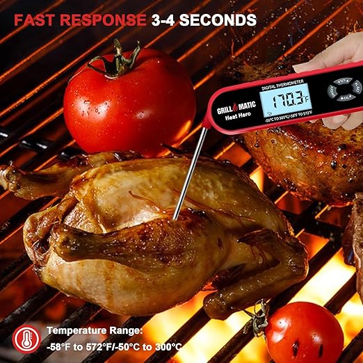 GRILLMATIC Heat Hero Digital Instant Read Meat Thermometer for Cooking and Baking with Backlight, Hold Function & Magnet for Kitchen, Beef, Grill, BBQ, Candy and Turkey