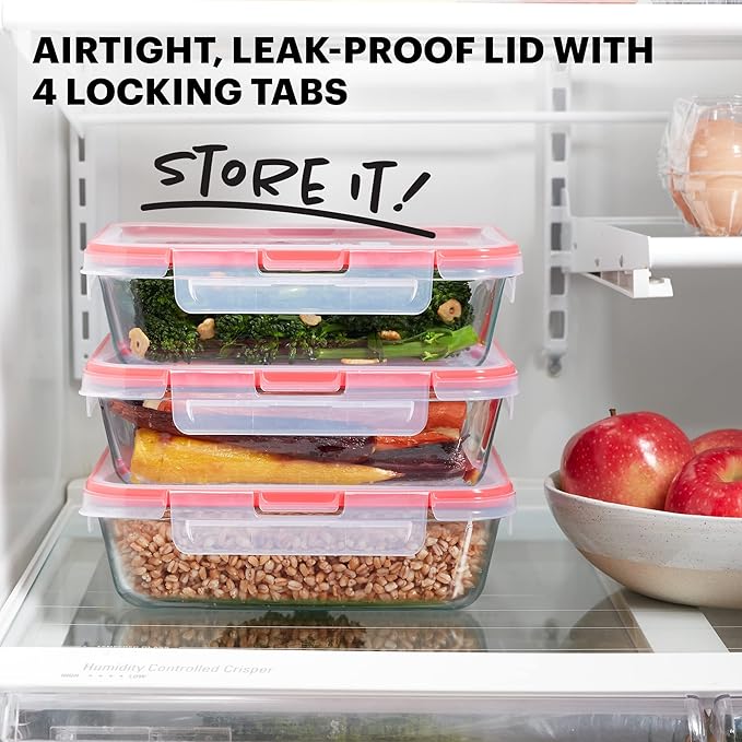 Pyrex Freshlock (3-Pack, 6 Cup) Glass Food Storage Containers Set, Airtight & Leakproof Plastic Locking Lids BPA-Free, Meal Prep Containers Set, Freezer Dishwasher Microwave Safe