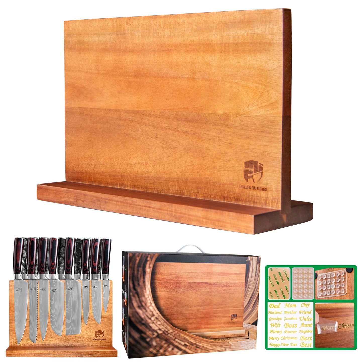 FULLHI Kitchen Magnetic Knife Block Holder Magnetic Strip Natural Wood