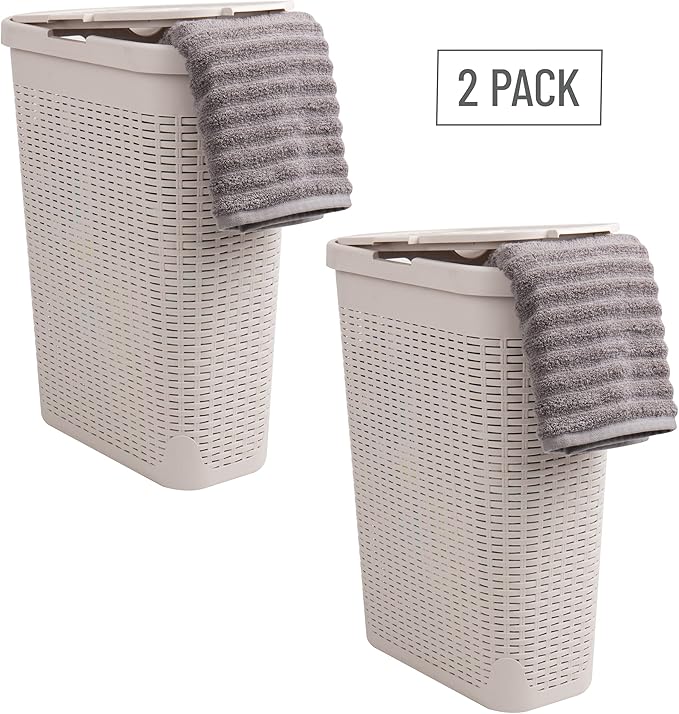 Mind Reader Slim Laundry Hamper with Lid, 40L Clothes Basket, Premium Wicker Design, Plastic, Set of 2, Ivory
