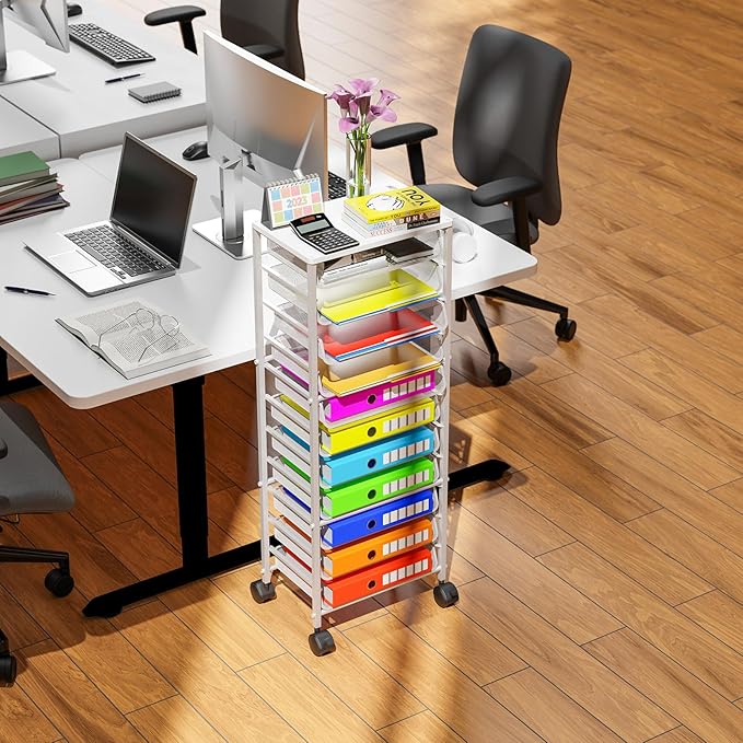 Simple Trending 12 Tier Rolling File Cart,Wood Desk File Organizer with Sliding Trays and Wetal Mesh Paper Letter Storage Multi-Functional Rolling Clutter Cart for Office, Home, School,White
