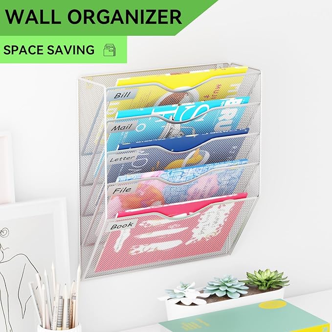 5 Pockets Hanging Wall File Organizer Mail Holder, Wall Mounted Paper Document Folder Holder, Clipboard Storage Organization Magazine Rack, Silver