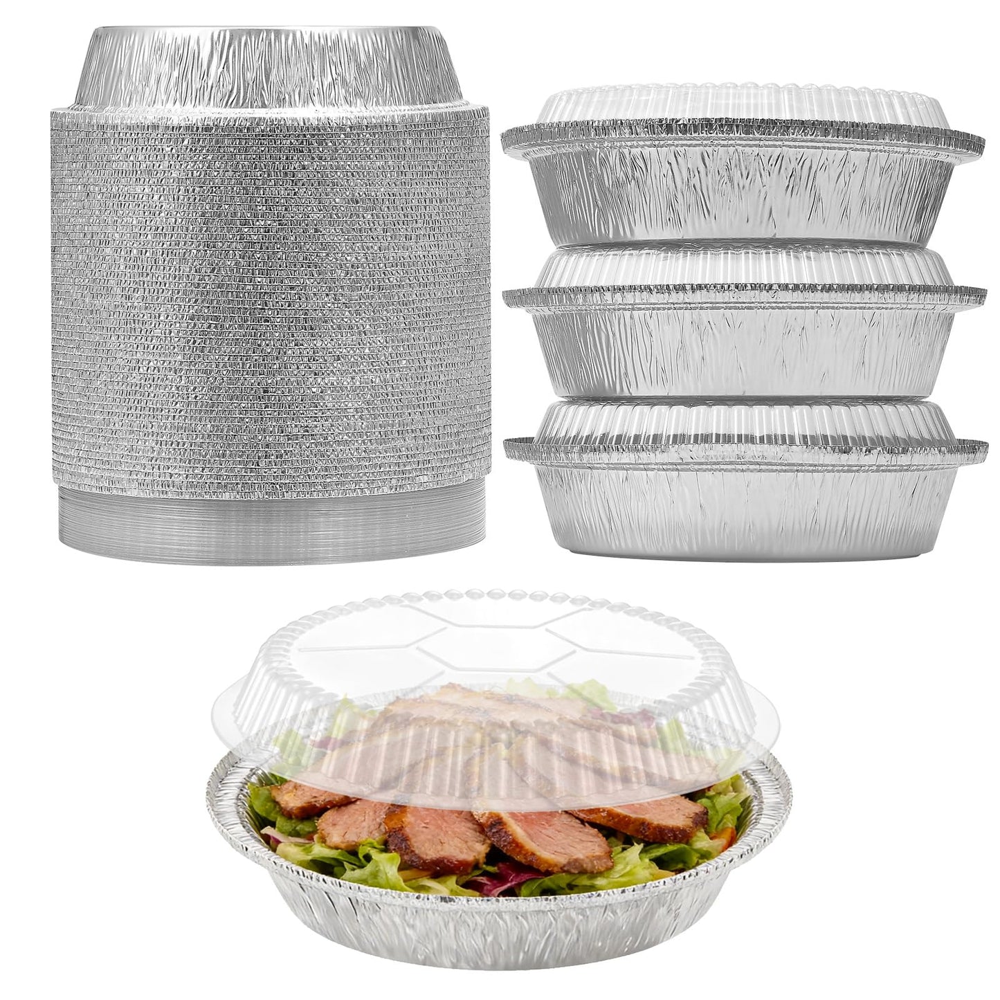 MESTAEK 7 Inch Round Aluminum Foil Pans with Clear Lids, 50 Pack