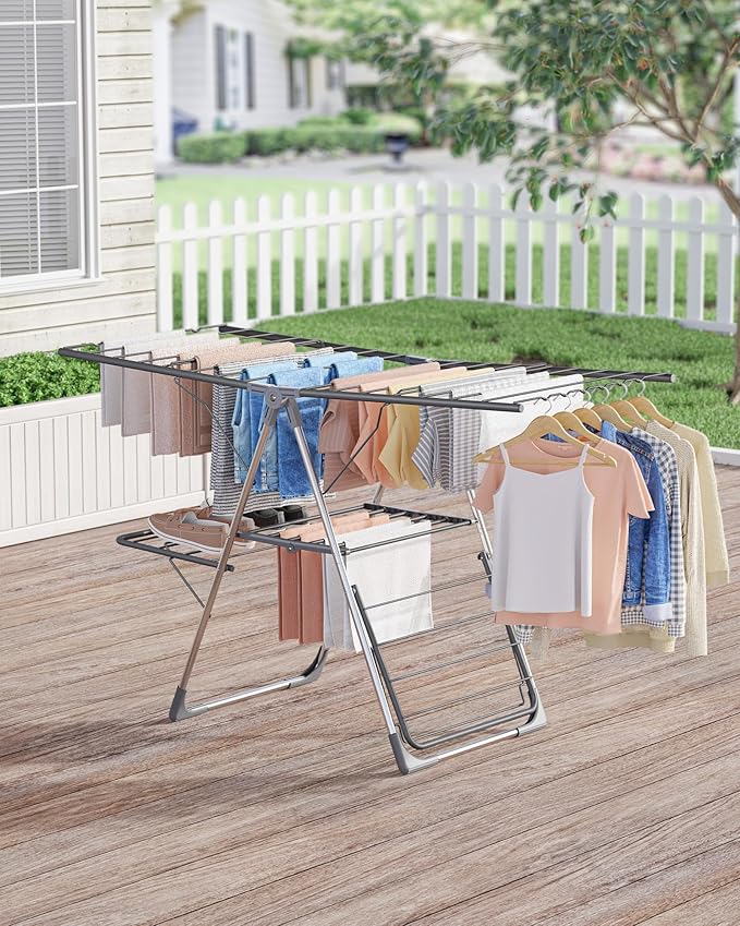 Clothes Drying Rack, Foldable 2-Level Laundry Drying Rack with Height-Adjustable Wings, for Clothing & Bedding, Free-Standing Space-Saving Rack, Indoor & Outdoor, 55.5" L × 22.8" W, Gray