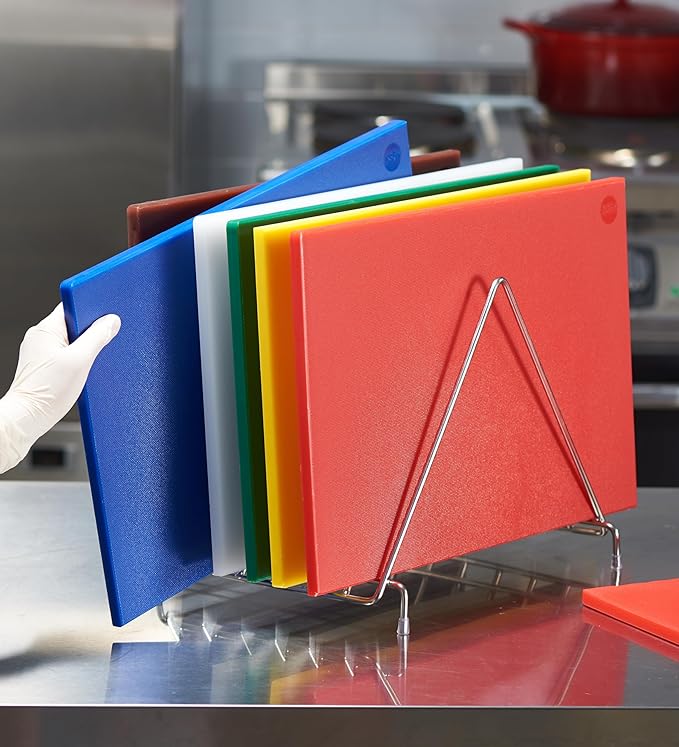 CURTA 6-Piece NSF 20" x 14" x 1/2" Multi-Colored Flexible Cutting Board Kit with Stainless steel Storage Rack, Color Coded Plastic Chopping Board with Anti Slip Surface Dishwasher Safe