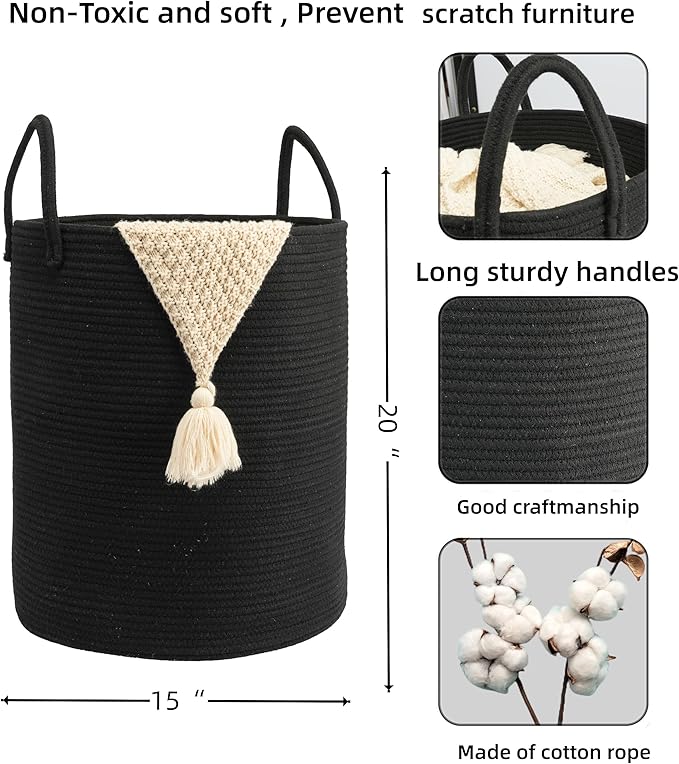 Woven Cotton Rope Laundry basket-15”X20” Laundry Hamper-Rope Storage Basket for Dirty Clothes, Toys and Blankets Perfect for Bathroom, Baby nursery and Living Room Storage (black)