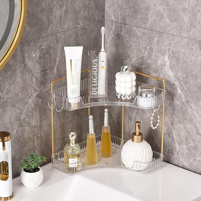 2-Tier Corner Bathroom Organizer Countertop with Hooks, Bathroom Sink Corner Vanity Storage for Makeup, Skincare and Perfume (White Gold)