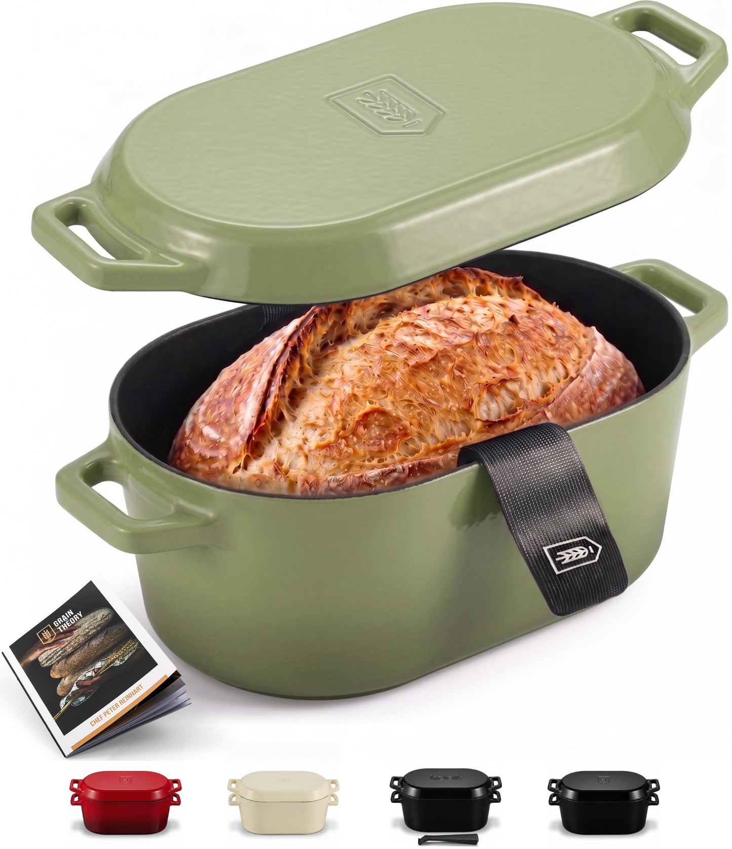 KooK Oval Dutch Oven, for Bread Baking, Sourdough Loaf Pan, Dual Handles, Enameled Cast Iron, with Sling, Dishwasher Safe, 3.4 Qt, Cherry Ombre