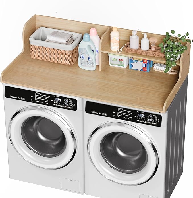 DTK Washer Dryer Wood Countertop with Shelf, Laundry Topper with Non-Slip Mat,27.55" Depth x 54" Width Dryer Covers for The Top with Edge Rails (Light Walnut)
