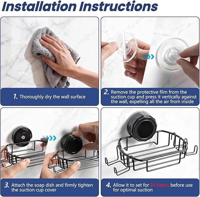 2 Pcs Suction Cup Adhesive Soap Holder Dish with Hooks, Black Stainless Steel Rustproof Shampoo Bar Holder Tray Self Drain, Morden Bathroom, Drill Free