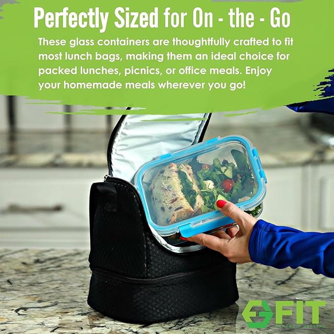 FIT Strong & Healthy Glass Meal Prep Containers 3 Compartment - Bento Box Adult Lunch Containers – Glass Snack Container with Lids, Leak-Proof Cover, Sectioned Storage Container, 32oz, Blue, 3 Pack