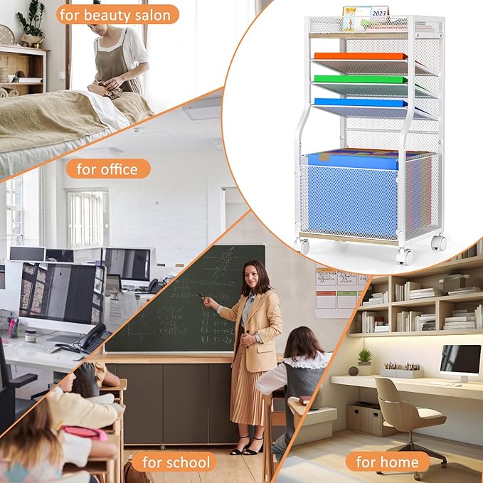5-Tier Rolling File Cart with Hanging File Folders, Mobile Desk File Organizer on Lockable Wheels, Wood & Mesh Paper Letter Sliding Trays Organization for Office, Home, School, Patent