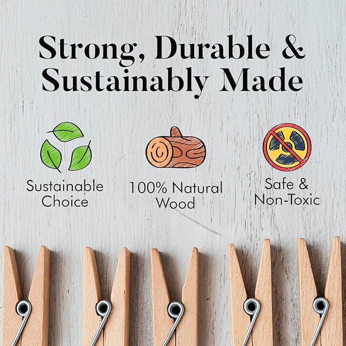 Zeno Clothes Pins Wooden – 50 Pack Wooden Clothespins 2.9 Inch with Rust-Resistant Coil, Natural Wood Clips for Laundry, Hanging Clothes, Crafts & DIY